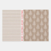 雪片、クリスマスツリー、茶色のクラフトストライプ製品 ラッピングペーパーシート (正面3)