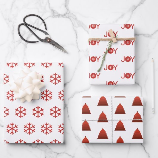 雪片、喜び、クリスマスツリーパターン ラッピングペーパーシート (正面)