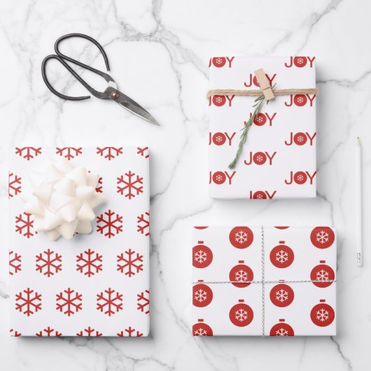 雪片、喜び、クリスマスボールパターン ラッピングペーパーシート (正面)