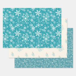 雪片，葉ティール（緑がかった色），芽，木，クリスマス ラッピングペーパーシート