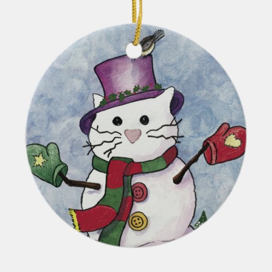 雪猫のクリスマスのオーナメント セラミックオーナメント (正面)
