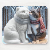 雪猫の彫刻で嗅ぎ分ける猫 マウスパッド (正面)