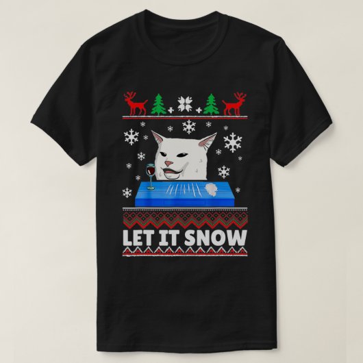 雪猫ミーム醜いセーター醜いクリスマス Tシャツ (デザイン正面)