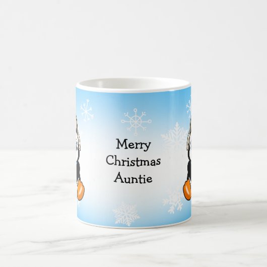 雪玉が飾られた愛らしい手描きペンギン コーヒーマグカップ (中央)