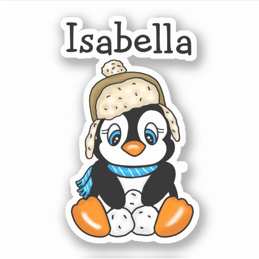 雪玉が飾られた愛らしい手描きペンギン シール (正面)