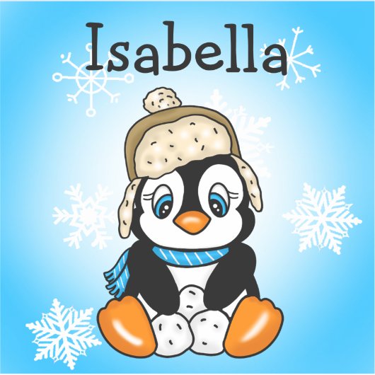 雪玉が飾られた愛らしい手描きペンギン シール (正面)