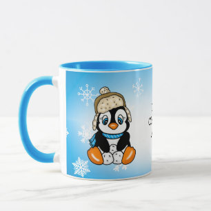 雪玉が飾られた愛らしい手描きペンギン マグカップ