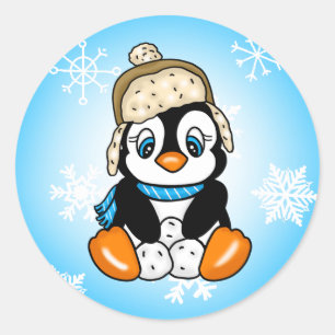 雪玉が飾られた愛らしい手描きペンギン ラウンドシール