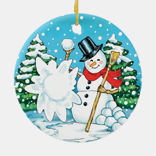 雪玉の冬のおもしろいSplatを投げる雪だるま! セラミックオーナメント (裏面)