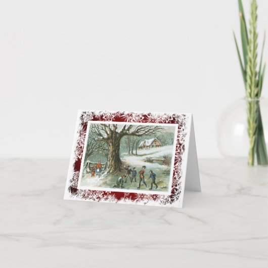 雪玉の戦いのビクトリアンなヴィンテージのクリスマス シーズンカード (正面)