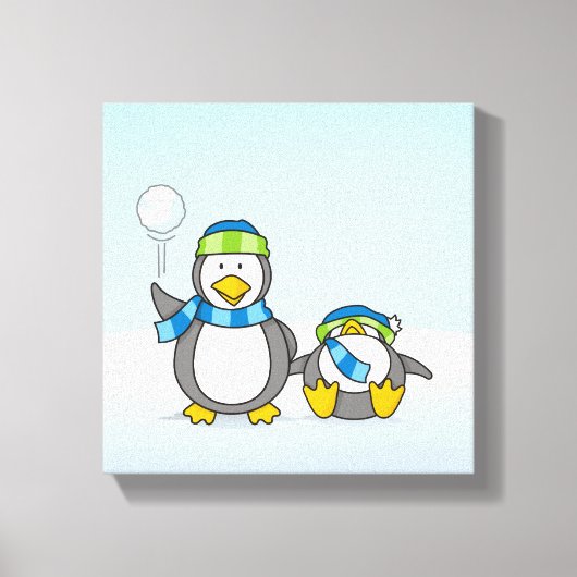 雪玉を投げるペンギン キャンバスプリント (正面)