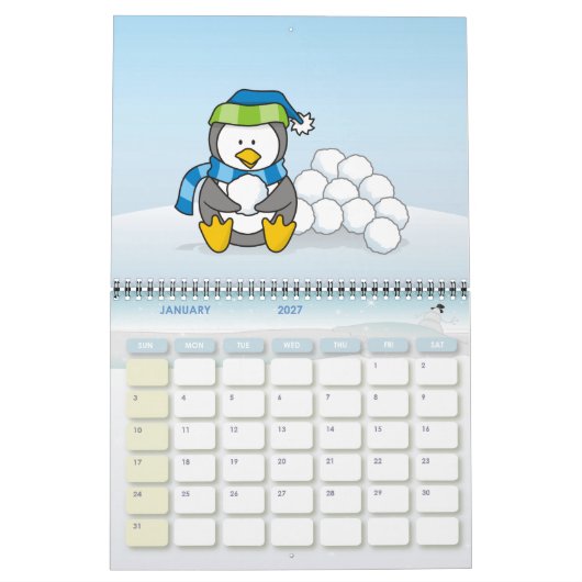 雪玉を持つペンギンのイラスト カレンダー (1月 2027)
