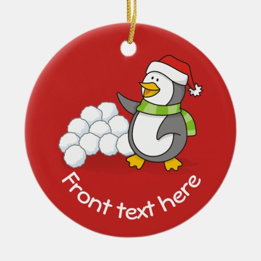 雪玉を振るクリスマスペンギン セラミックオーナメント (正面)