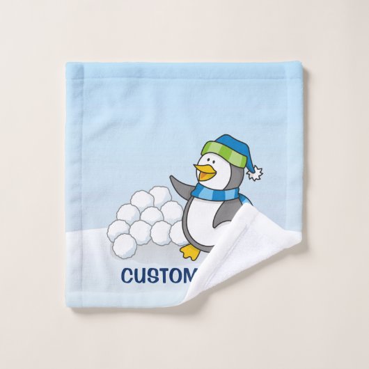 雪玉を振る小さなペンギン バスタオルセット (ウォッシュタオル)
