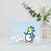 雪玉を振る小さなペンギン ポストカード (スタンド正面)