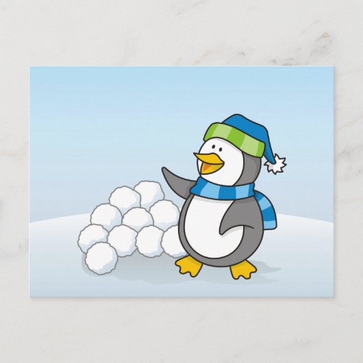 雪玉を振る小さなペンギン ポストカード (正面)