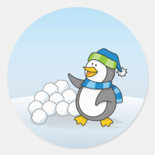 雪玉を振る小さなペンギン ラウンドシール