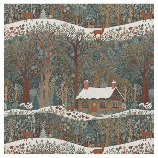 雪素朴に覆われた森の風景の中の小屋 ファブリック (クローズアップ)