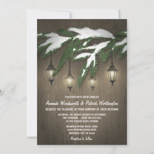 雪素朴常緑ランタン結婚式招待状 招待状 (正面)