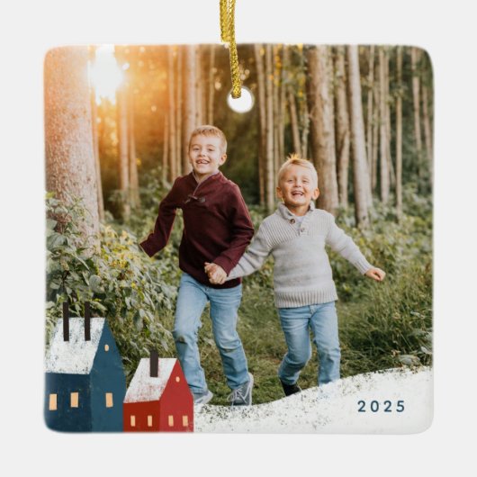 雪素朴村シーンフォトセラミックオーナメント セラミックオーナメント (正面)