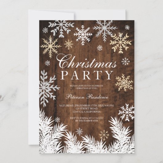 雪素朴片の松の木の冬クリスマスパーティー 招待状 (正面)
