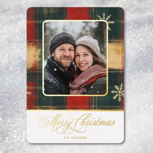 雪素朴片の格子模様の写真メリークリスマス 箔シーズンカード