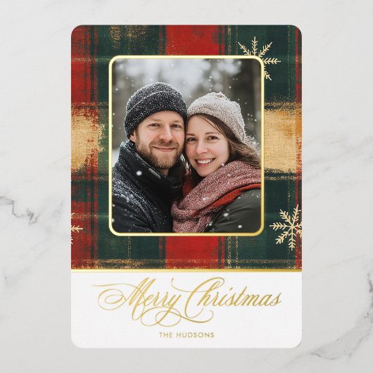 雪素朴片の格子模様の写真メリークリスマス 箔シーズンカード (正面)