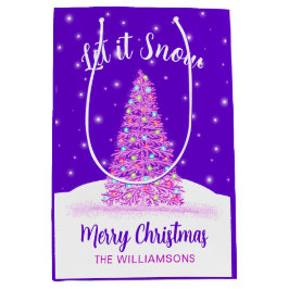 雪紫色のクリスマスツリーの休日 ミディアムペーパーバッグ