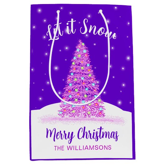 雪紫色のクリスマスツリーの休日 ミディアムペーパーバッグ (正面)