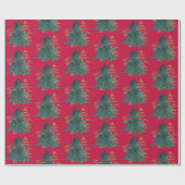 雪絵を描片プリント付き緑と金ゴールドの木 ラッピングペーパー (フラット)