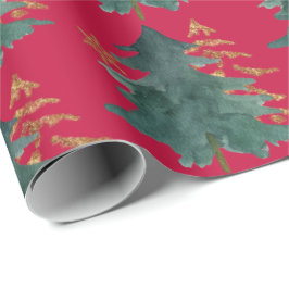 雪絵を描片プリント付き緑と金ゴールドの木 ラッピングペーパー