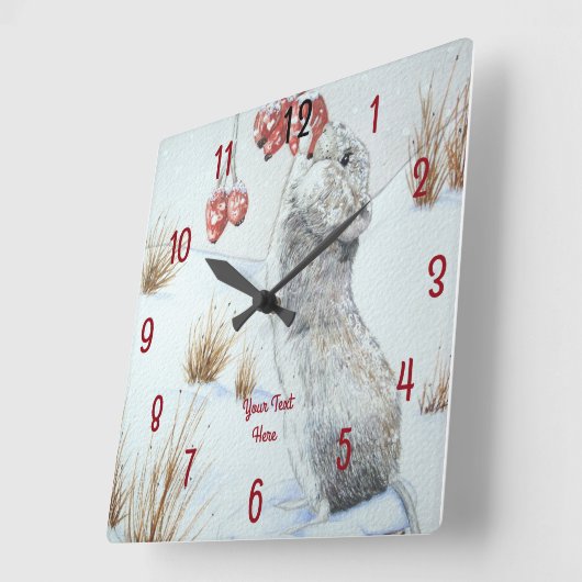 雪絵画野生動物の野ネズミ スクエア壁時計 (傾斜)