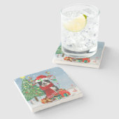 雪縁どに積もったコリー犬 ストーンコースター (横)