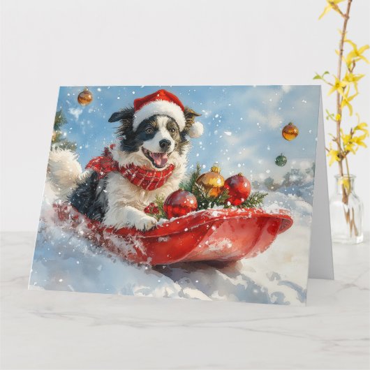 雪縁どのクリスマスを許すそりのコリー犬 カード (黄色い花)