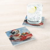 雪縁どのクリスマスを許すそりのコリー犬 ガラスコースター (アングル)