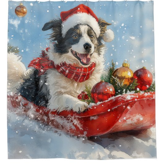 雪縁どのクリスマスを許すそりのコリー犬 シャワーカーテン (正面)