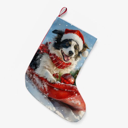 雪縁どのクリスマスを許すそりのコリー犬 スモールクリスマスストッキング (正面 (吊り時))