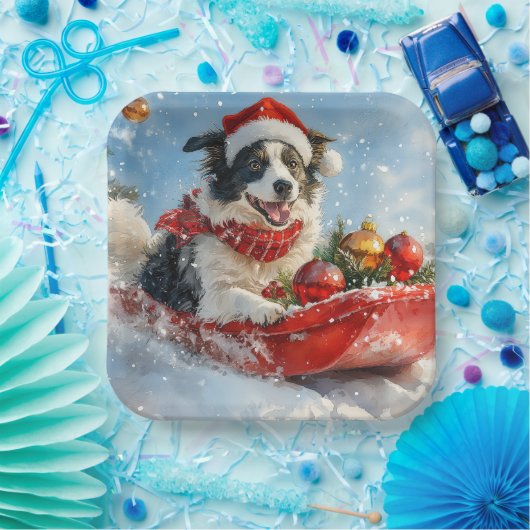 雪縁どのクリスマスを許すそりのコリー犬 ペーパープレート (パーティー)