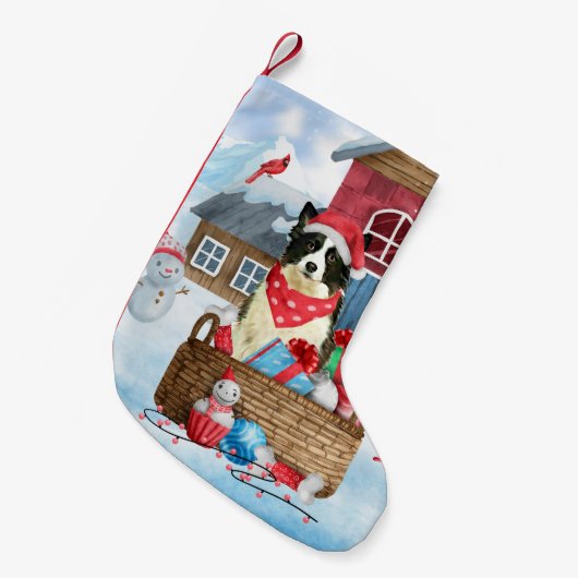 雪縁どの中のコリードッグ スモールクリスマスストッキング (正面 (吊り時))