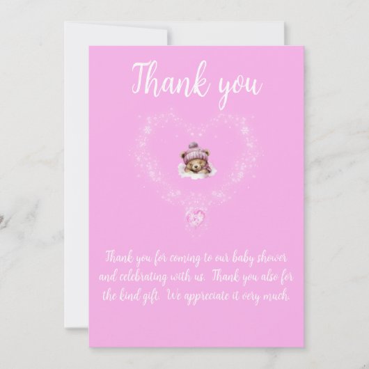 雪興奮ピンクテディベア赤ちゃんシャワー サンキューカード (正面)