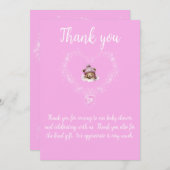 雪興奮ピンクテディベア赤ちゃんシャワー サンキューカード (正面/裏面)