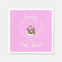 雪興奮ピンクテディベア赤ちゃんシャワー スタンダードカクテルナプキン