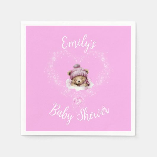 雪興奮ピンクテディベア赤ちゃんシャワー スタンダードカクテルナプキン (正面)