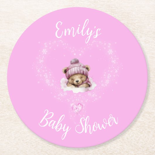 雪興奮ピンクテディベア赤ちゃんシャワー ラウンドペーパーコースター (正面)