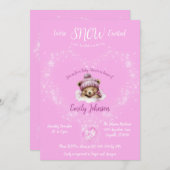 雪興奮ピンクテディベア赤ちゃんシャワー 招待状 (正面/裏面)