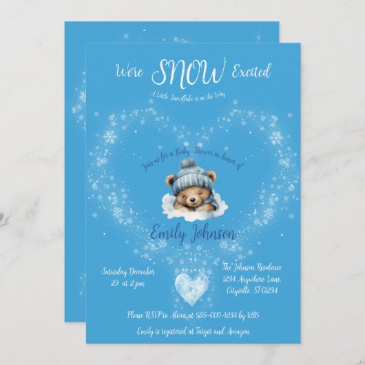 雪興奮ブルーテディベア赤ちゃんシャワー 招待状 (正面/裏面)