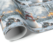 雪草の上でレトロ芝刈り機を押す雪だるま ラッピングペーパー (ロールコーナー)