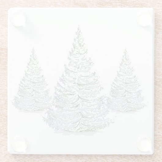 雪覆いトウヒの木イラストレーション ガラスコースター (裏面)