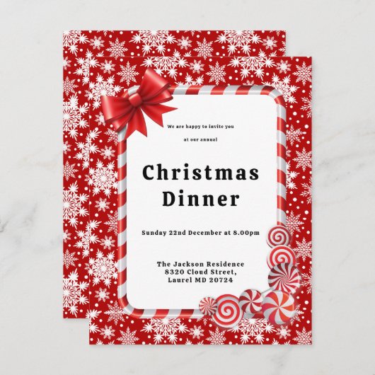 雪赤と白片パターンクリスマスディナー 招待状 (正面/裏面)