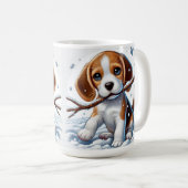 雪遊の中の子犬と杖 コーヒーマグカップ (正面右)